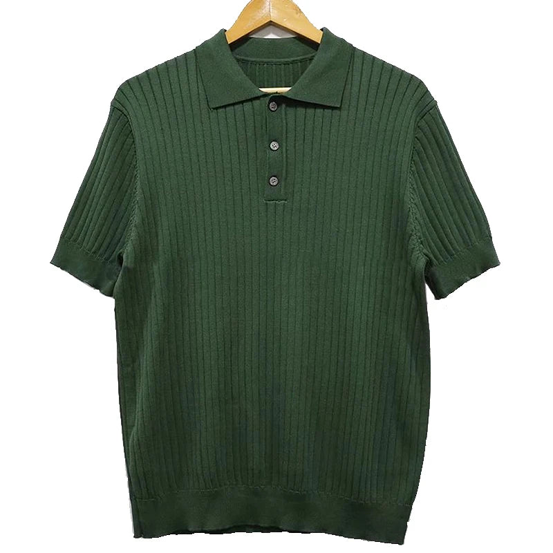 Retro Knit Lapel Striped Polo Shirt