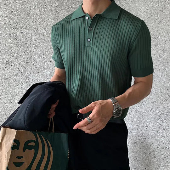 Retro Knit Lapel Striped Polo Shirt