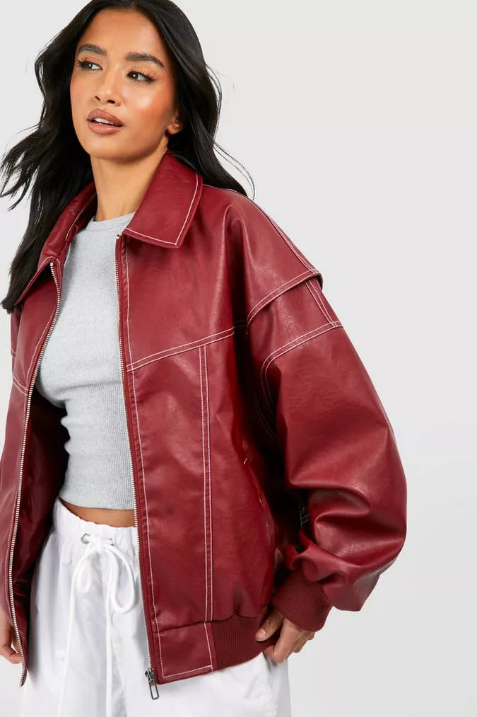 Amara | Oversized Red Leather Coat